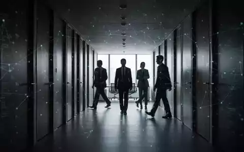 Dunkler Büroflur mit verschwommenen Silhouetten von Mitarbeitern, die an geschlossenen Türen vorbeigehen, symbolisiert Stellenabbau und Umstrukturierung. - Foto: über boerse-global.de