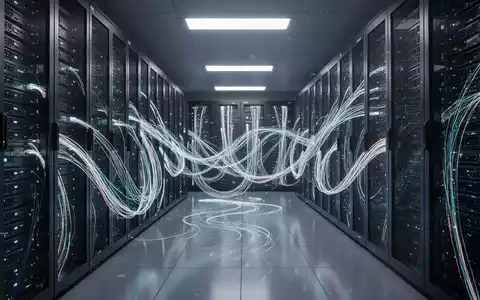 Futuristischer Serverraum mit leuchtenden Glasfaserkabeln zwischen eleganten, dunklen Serverracks, Symbol für fortschrittliche KI-Superknoten-Architektur. - Foto: über boerse-global.de