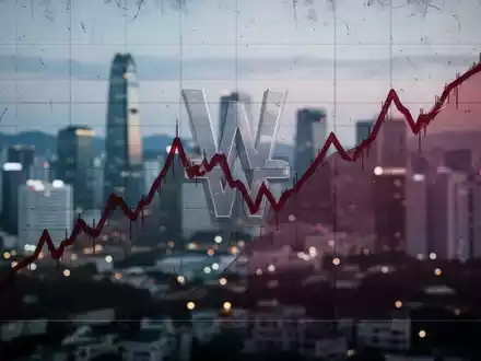 Ein fallender Börsenchart in Rot mit einem stilisierten Won-Symbol vor einer verschwommenen, modernen Stadtlandschaft Seouls bei Dämmerung. - Foto: über boerse-global.de