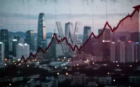 Ein fallender Börsenchart in Rot mit einem stilisierten Won-Symbol vor einer verschwommenen, modernen Stadtlandschaft Seouls bei Dämmerung. - Foto: über boerse-global.de