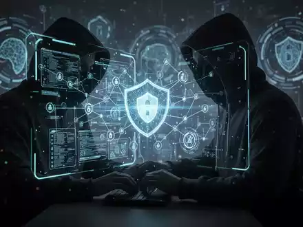 Ein IT-Sicherheitsexperte arbeitet an einem Hologramm mit Netzwerkdiagrammen, umgeben von digitalen Sicherheitselementen. - Foto: über boerse-global.de