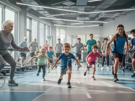Eine vielfältige Gruppe von Menschen verschiedenen Alters, die in einem modernen Fitnessstudio trainieren, darunter Senioren, Kinder und Jugendliche. - Foto: über boerse-global.de