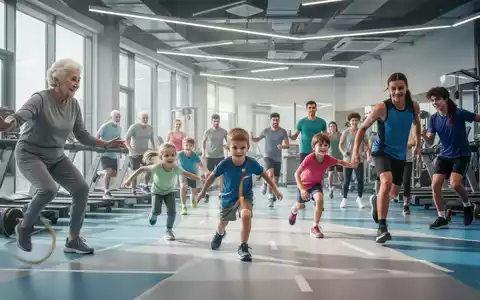 Eine vielfältige Gruppe von Menschen verschiedenen Alters, die in einem modernen Fitnessstudio trainieren, darunter Senioren, Kinder und Jugendliche. - Foto: über boerse-global.de