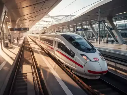 Ein ICE-Hochgeschwindigkeitszug der Deutschen Bahn fährt in einen modernen, sonnendurchfluteten Bahnhof ein. - Foto: über boerse-global.de