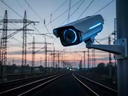 Eine hochmoderne Überwachungskamera mit blauem Licht überwacht kritische Infrastruktur wie Stromleitungen oder Bahngleise bei Dämmerung. - Foto: über boerse-global.de