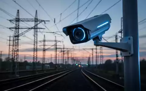 Eine hochmoderne Überwachungskamera mit blauem Licht überwacht kritische Infrastruktur wie Stromleitungen oder Bahngleise bei Dämmerung. - Foto: über boerse-global.de
