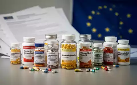 Eine Anordnung von Vitamin- und Mineralstoffpräparaten mit einem angedeuteten EU-Hintergrund, der Regulierung und Sicherheit symbolisiert. - Foto: über boerse-global.de