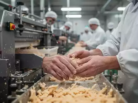 Hände eines Arbeiters in einer Süßwarenfabrik, die Produkte handhaben, mit unscharfem Hintergrund von Maschinen. - Foto: über boerse-global.de