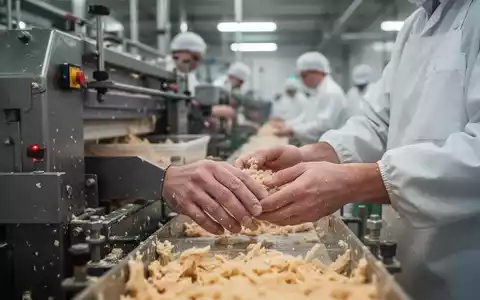 Hände eines Arbeiters in einer Süßwarenfabrik, die Produkte handhaben, mit unscharfem Hintergrund von Maschinen. - Foto: über boerse-global.de