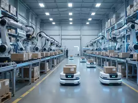 Roboterarme sortieren Pakete in einem hochmodernen Logistikzentrum, während autonome mobile Roboter Waren transportieren. - Foto: über boerse-global.de