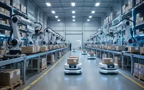 Roboterarme sortieren Pakete in einem hochmodernen Logistikzentrum, während autonome mobile Roboter Waren transportieren. - Foto: über boerse-global.de