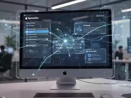 Nahaufnahme eines modernen Computerbildschirms mit futuristischem Betriebssystem-Interface, Netzwerksymbolen und KI-Schreiboptionen. - Foto: über boerse-global.de
