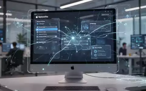 Nahaufnahme eines modernen Computerbildschirms mit futuristischem Betriebssystem-Interface, Netzwerksymbolen und KI-Schreiboptionen. - Foto: über boerse-global.de
