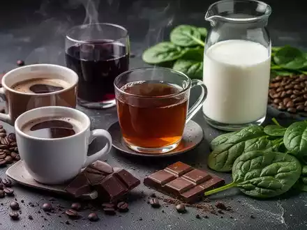 Eine Nahaufnahme von Lebensmitteln und Getränken wie Kaffee, Tee, Rotwein, Milch, Schokolade und Spinat, die die Eisenaufnahme hemmen. - Foto: über boerse-global.de