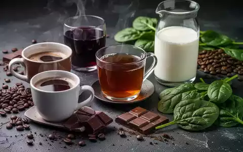 Eine Nahaufnahme von Lebensmitteln und GetrĂ€nken wie Kaffee, Tee, Rotwein, Milch, Schokolade und Spinat, die die Eisenaufnahme hemmen. - Foto: ĂŒber boerse-global.de
