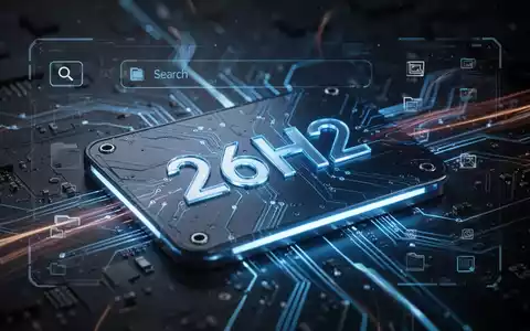 Leuchtend blaue Leiterplatte mit eingravierter '26H2', überlagert von digitaler Oberfläche mit Dateisymbolen und Suchleiste. - Foto: über boerse-global.de