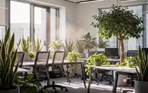 Ein modernes, minimalistisches Büro mit grünen Zimmerpflanzen wie Sansevieria und Efeutute, die das Raumklima verbessern. - Foto: über boerse-global.de