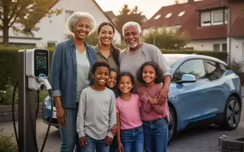 Eine Familie mit zwei Kindern lädt ihr Elektroauto an einer Ladestation auf, im Hintergrund ein Einfamilienhaus. - Foto: über boerse-global.de