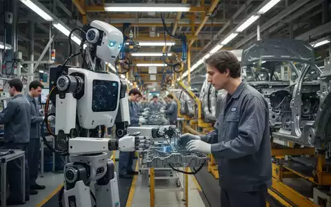 Ein humanoider Roboter und menschliche Arbeiter an einer Automobilmontagelinie, Symbol für Automatisierung in der Fabrikarbeit. - Foto: über boerse-global.de