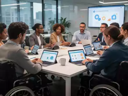 Eine vielfältige Gruppe von Menschen, einige mit Behinderungen, nimmt an einem digitalen Schulungsprogramm in einem modernen Büro teil. - Foto: über boerse-global.de