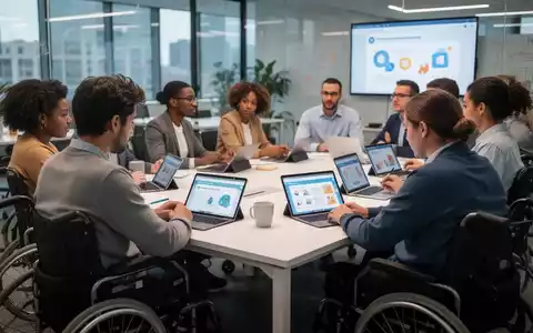 Eine vielfältige Gruppe von Menschen, einige mit Behinderungen, nimmt an einem digitalen Schulungsprogramm in einem modernen Büro teil. - Foto: über boerse-global.de