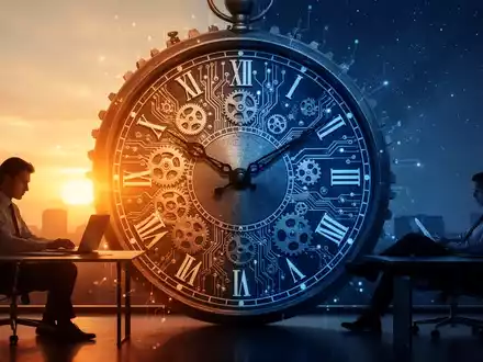 Eine stilisierte Uhr, die den Übergang von Tag zu Nacht zeigt, mit arbeitenden und entspannenden Personen, die Chronotypen und Produktivität symbolisieren. - Foto: über boerse-global.de