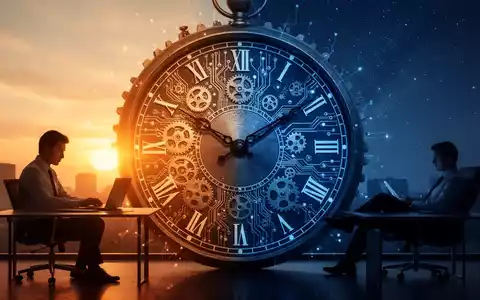 Eine stilisierte Uhr, die den Übergang von Tag zu Nacht zeigt, mit arbeitenden und entspannenden Personen, die Chronotypen und Produktivität symbolisieren. - Foto: über boerse-global.de