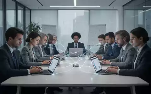 Geschäftsleute nehmen an einem Online-Training zur Stressbewältigung teil, mit Laptops und leuchtenden Verbindungslinien. - Foto: über boerse-global.de