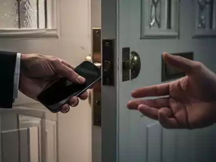 Eine Hand stiehlt heimlich ein Smartphone während eines Gesprächs an einer leicht geöffneten Haustür. - Foto: über boerse-global.de