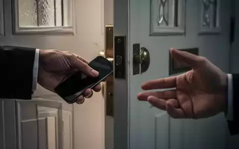 Eine Hand stiehlt heimlich ein Smartphone während eines Gesprächs an einer leicht geöffneten Haustür. - Foto: über boerse-global.de