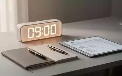 Ein minimalistischer Schreibtisch mit einer digitalen Uhr, die 09:00 Uhr anzeigt, einem Stift, einem Notizbuch und einem Tablet. - Foto: über boerse-global.de