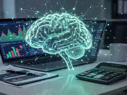 Ein stilisiertes, leuchtendes neuronales Netz überlagert einen modernen Büroschreibtisch mit Laptop, der Finanzdiagramme zeigt, und einem Taschenrechner. - Foto: über boerse-global.de
