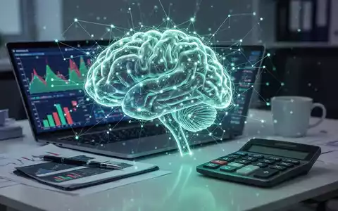Ein stilisiertes, leuchtendes neuronales Netz überlagert einen modernen Büroschreibtisch mit Laptop, der Finanzdiagramme zeigt, und einem Taschenrechner. - Foto: über boerse-global.de