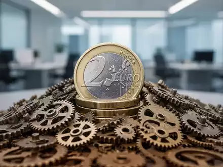 Ein Stapel deutscher Euro-Münzen, teilweise bedeckt von Zahnrädern, die die wirtschaftliche Belastung darstellen. - Foto: über boerse-global.de