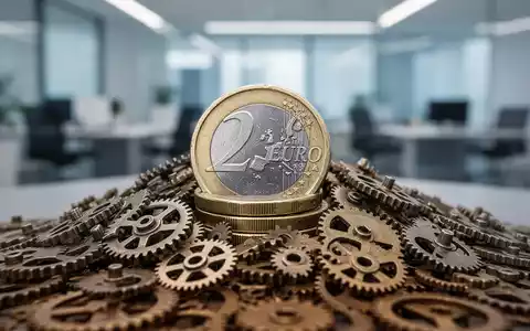 Ein Stapel deutscher Euro-Münzen, teilweise bedeckt von Zahnrädern, die die wirtschaftliche Belastung darstellen. - Foto: über boerse-global.de