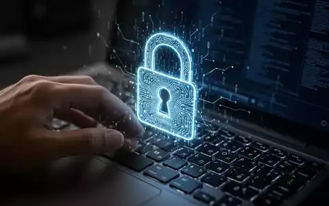 Eine Hand tippt auf einer Tastatur, auf dem Bildschirm ein digitales Schloss-Symbol für Cybersicherheit und Datenschutz. - Foto: über boerse-global.de