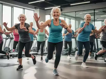 Eine Gruppe lachender Senioren trainiert gemeinsam in einem hellen, modernen Fitnessstudio und symbolisiert aktive Teilhabe und Gesundheit im Alter. - Foto: über boerse-global.de
