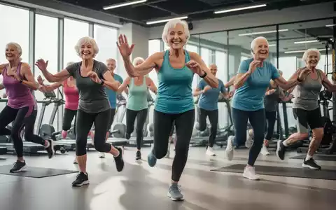 Eine Gruppe lachender Senioren trainiert gemeinsam in einem hellen, modernen Fitnessstudio und symbolisiert aktive Teilhabe und Gesundheit im Alter. - Foto: über boerse-global.de