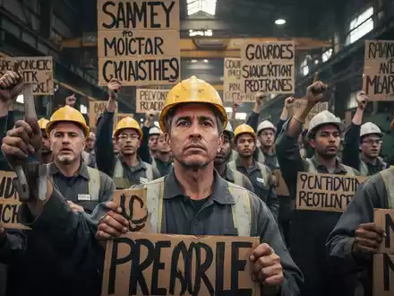 Industriearbeiter protestieren in einer Fabrikhalle und fordern höhere Löhne, mit Fokus auf Entschlossenheit und Zusammenhalt. - Foto: über boerse-global.de