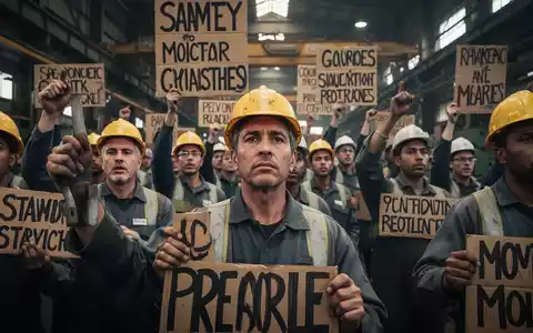 Industriearbeiter protestieren in einer Fabrikhalle und fordern höhere Löhne, mit Fokus auf Entschlossenheit und Zusammenhalt. - Foto: über boerse-global.de