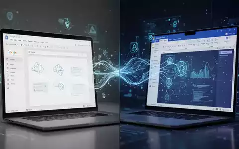 Geteilter Bildschirm mit Google Docs und Microsoft Word, abstrakter Datenfluss symbolisiert KI-Integration und Wettbewerb. - Foto: über boerse-global.de