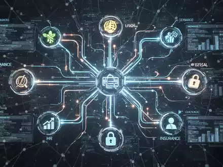 Abstrakte Darstellung vernetzter digitaler Vorlagen und automatisierter Workflows mit leuchtenden Linien zwischen Geschäftsfunktionen. - Foto: über boerse-global.de