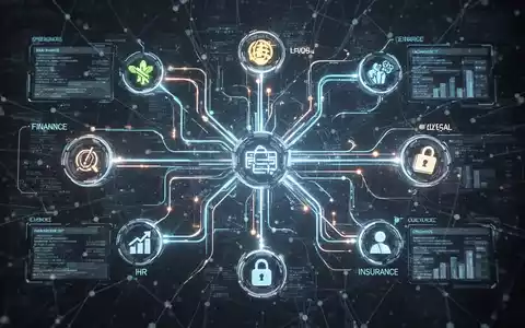 Abstrakte Darstellung vernetzter digitaler Vorlagen und automatisierter Workflows mit leuchtenden Linien zwischen Geschäftsfunktionen. - Foto: über boerse-global.de