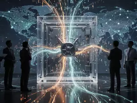 Abstrakte Darstellung von Cybersicherheit und Compliance im Finanzsektor. Leuchtende Datenströme fließen in einen sicheren, transparenten Tresor. - Foto: über boerse-global.de