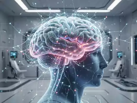 Ein futuristisches, leuchtendes neuronales Netzwerk überlagert ein menschliches Gehirn, das digitale Gesundheitsdaten und KI darstellt. - Foto: über boerse-global.de
