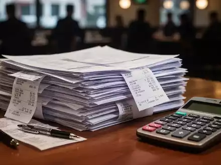 Ein Stapel geordneter Finanzdokumente und Belege auf einem Holztisch, mit einem Taschenrechner und einem Stift. Im Hintergrund verschwommen ein Restaurant. - Foto: über boerse-global.de