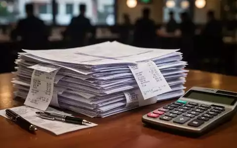 Ein Stapel geordneter Finanzdokumente und Belege auf einem Holztisch, mit einem Taschenrechner und einem Stift. Im Hintergrund verschwommen ein Restaurant. - Foto: über boerse-global.de