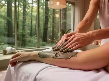 Hände tragen in einem ruhigen Wellnessbereich mit Waldblick sanft Naturlehm auf einen Arm auf, symbolisierend Naturheilkunde. - Foto: über boerse-global.de