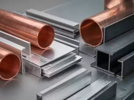 Nahaufnahme verschiedener Industriemetallkomponenten wie Kupferrohre, Aluminiumbleche und Stahlträger in einer statischen Anordnung. - Foto: über boerse-global.de
