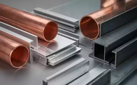 Nahaufnahme verschiedener Industriemetallkomponenten wie Kupferrohre, Aluminiumbleche und Stahlträger in einer statischen Anordnung. - Foto: über boerse-global.de
